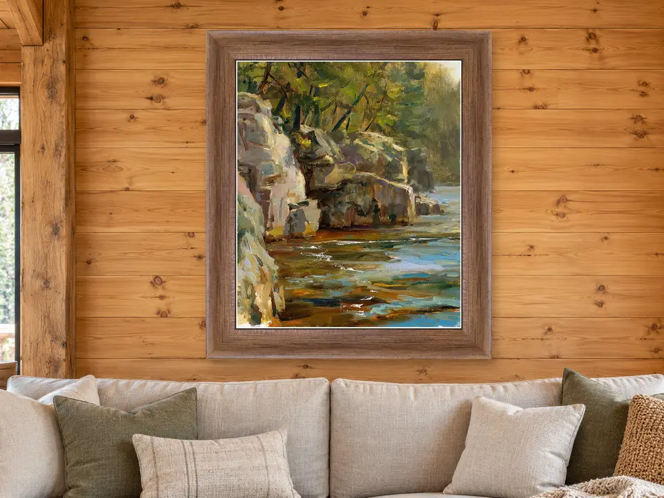 Soft Daydream Landscape Framed Wall Art framed on a wall