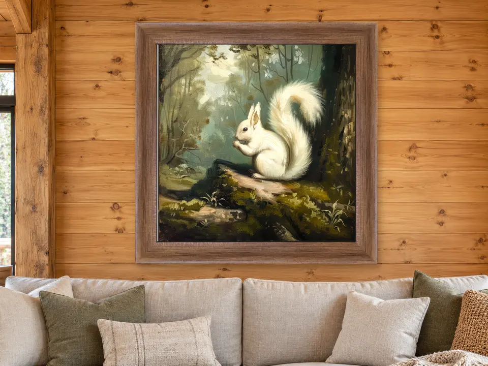 Gentle Echo White Squirrel Framed Wall Art framed on a wall