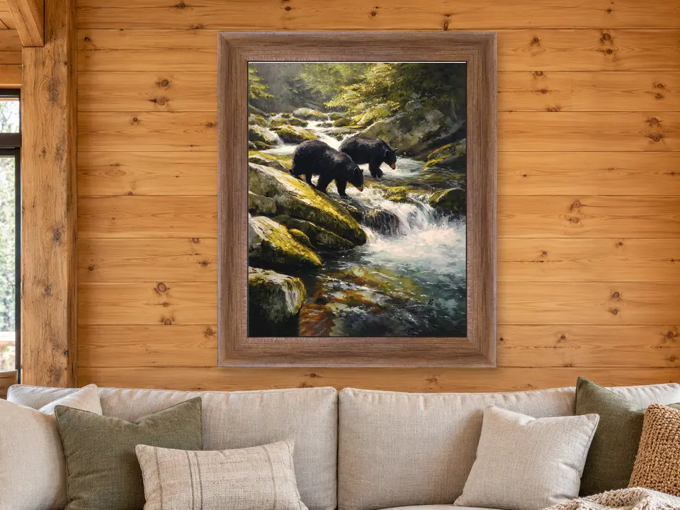 Open Solitude Black Bear Framed Wall Art framed on a wall