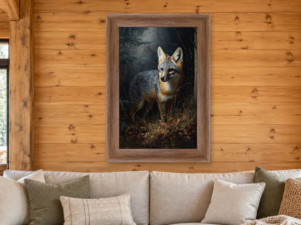 Soft Memory Gray Fox Framed Wall Art framed on a wall