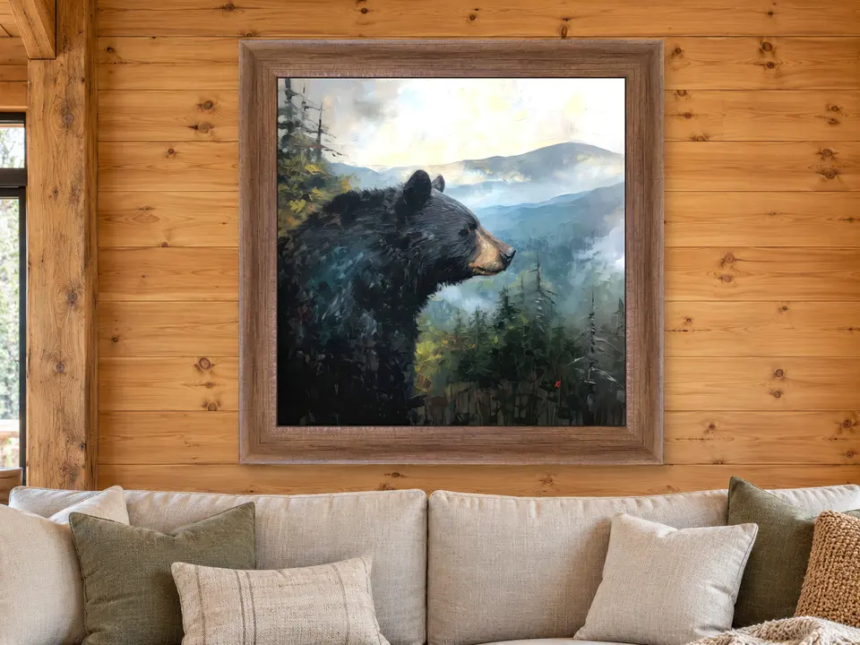 Quiet Echo Black Bear Framed Wall Art framed on a wall