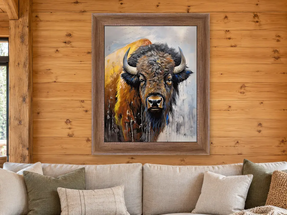 Calm Vista Bison Framed Wall Art framed on a wall