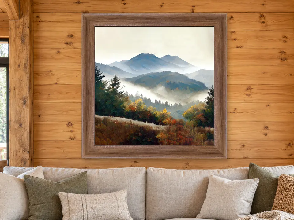 Soft Spirit Mountain Landscape Framed Wall Art framed on a wall