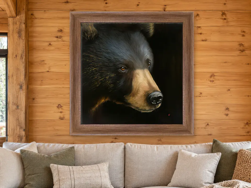 Open Spirit Black Bear Framed Wall Art framed on a wall