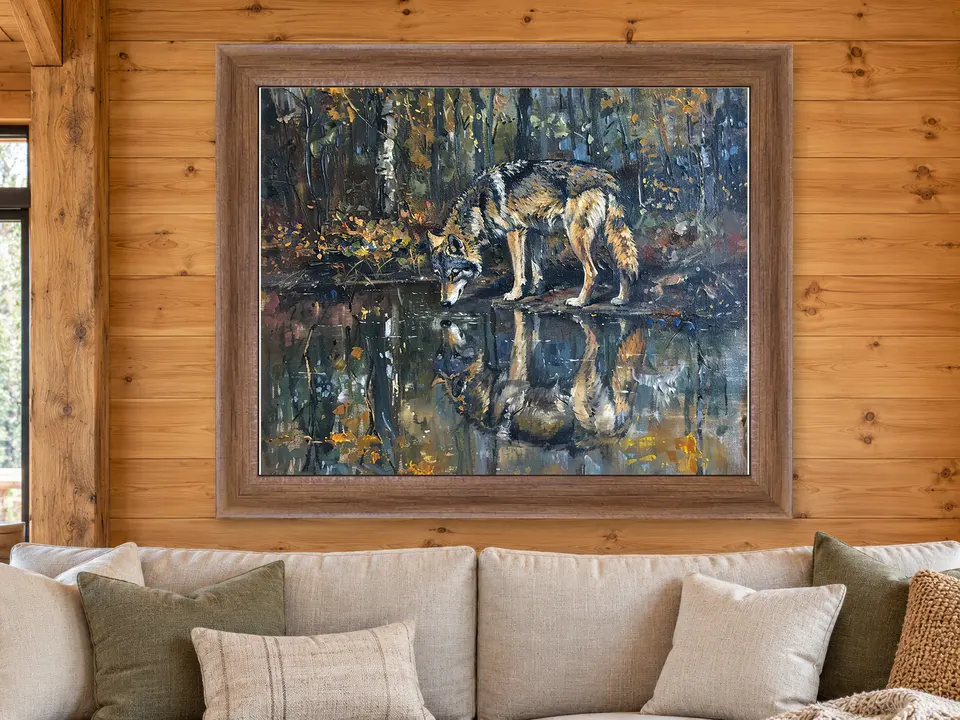 Distant Vista Wolf Framed Wall Art framed on a wall