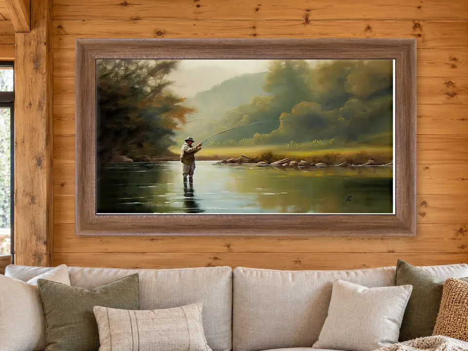 Quiet Muse Fishing Scene Framed Wall Art framed on a wall
