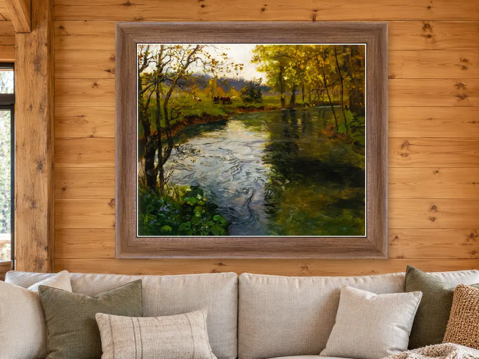 Quiet Gathering Cows by a Stream Framed Wall Art framed on a wall