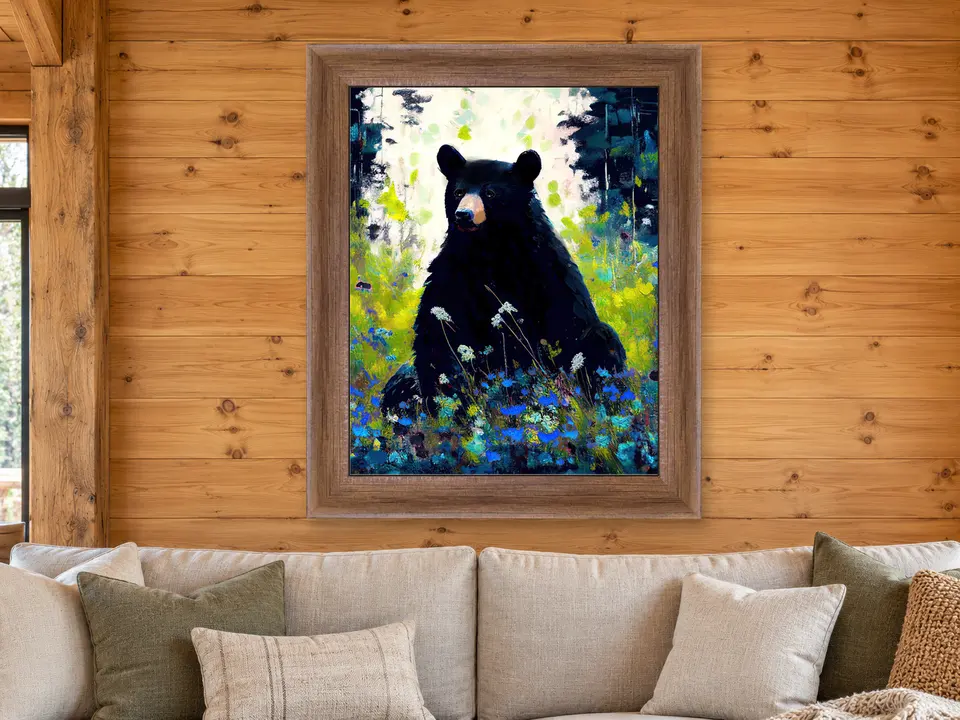 Gentle Grace Black Bear Framed Wall Art framed on a wall