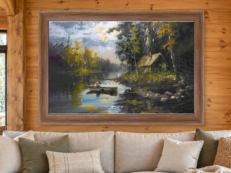 Timeless Serenity Fishing Scene Framed Wall Art framed on a wall