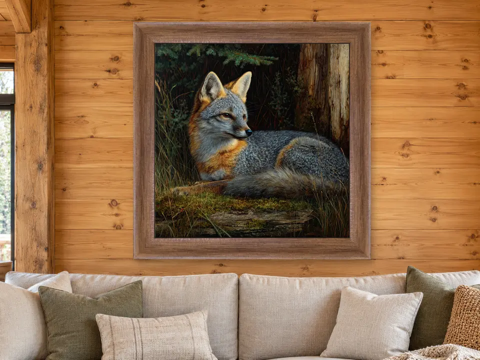 Calm Presence Gray Fox Framed Wall Art framed on a wall