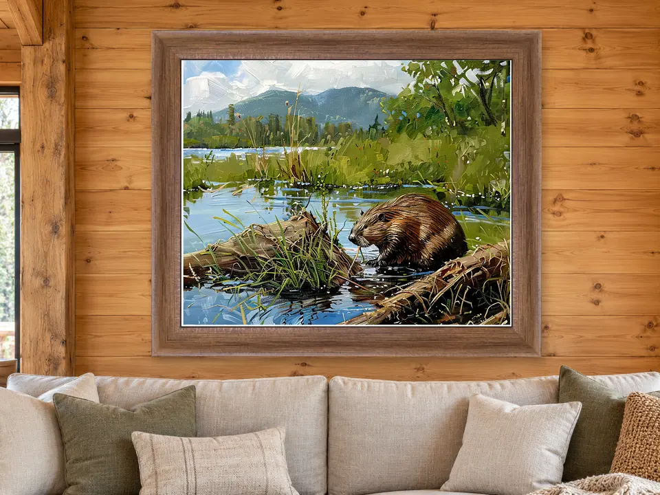 Wandering Gathering Beaver Framed Wall Art framed on a wall