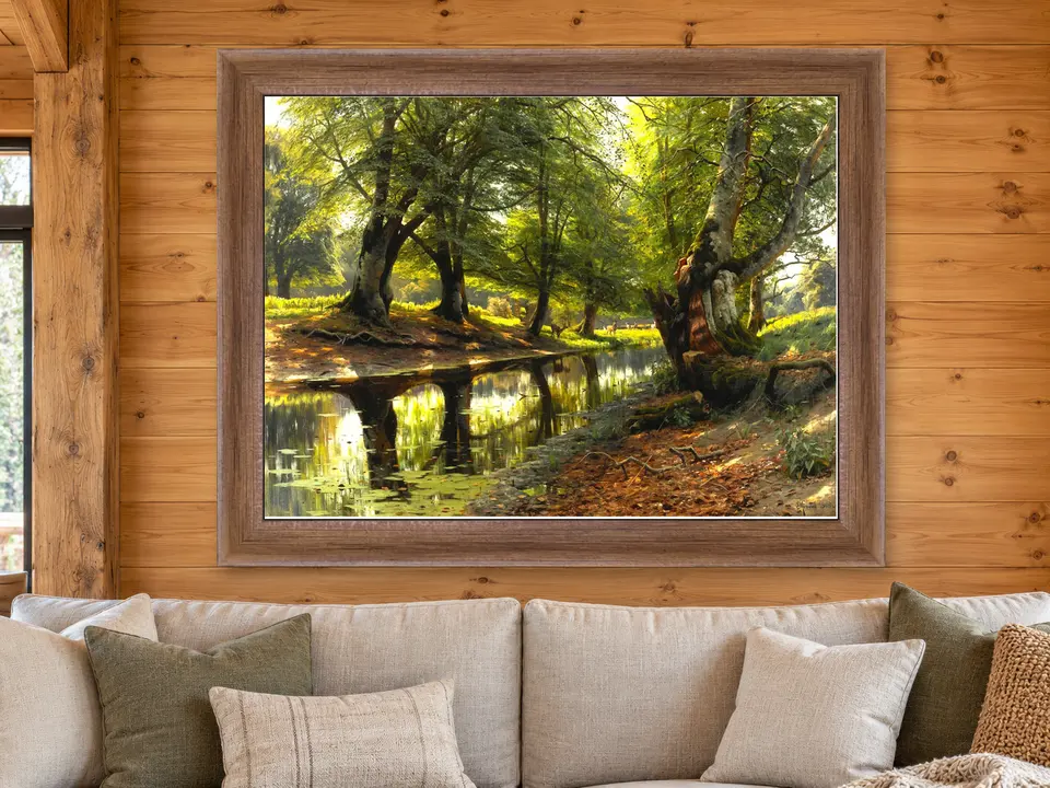 Wistful Stillness Forest Landscape Framed Wall Art framed on a wall