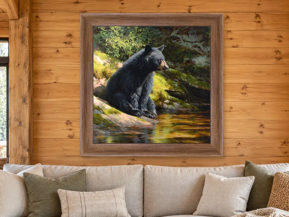 Hidden Grace Black Bear Framed Wall Art framed on a wall