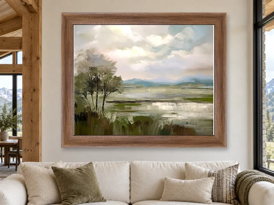 Soft Stillness Abstract Landscape Framed Wall Art framed on a wall