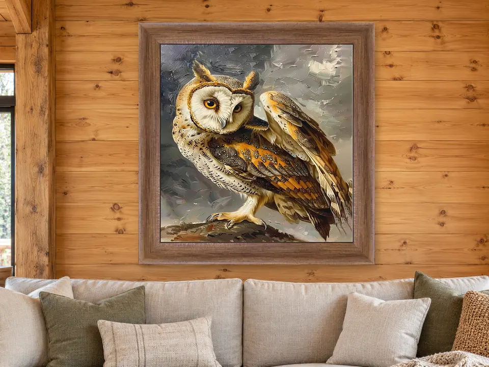 Wistful Reflection Horned Owl Framed Wall Art framed on a wall
