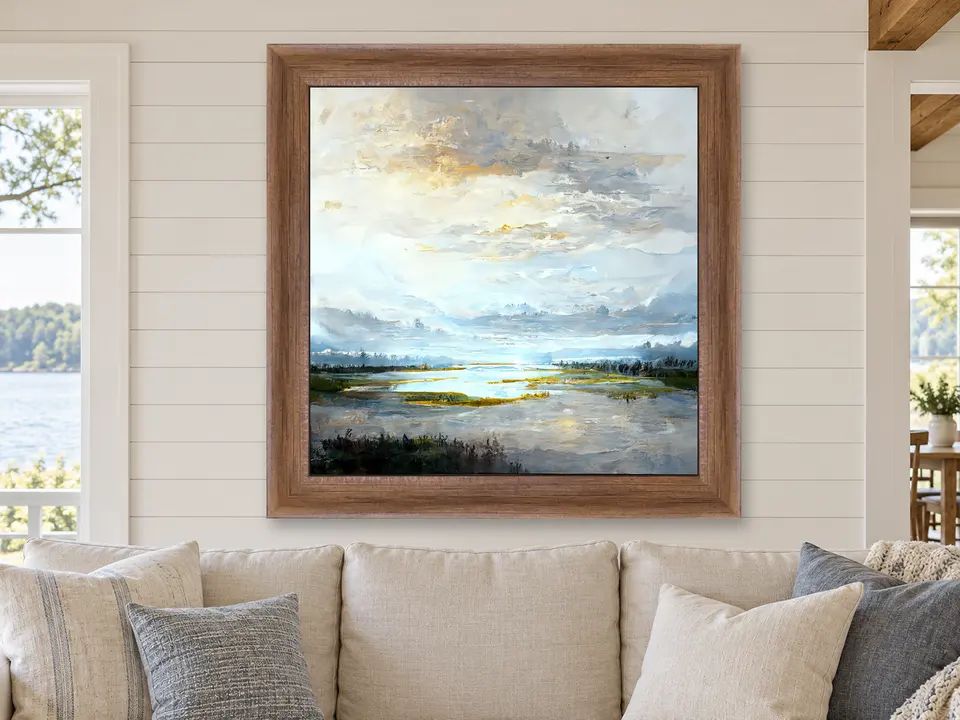 Still Whisper Lake Landscape Framed Wall Art framed on a wall