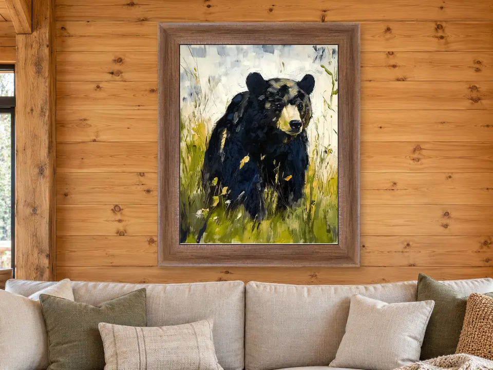 Enduring Sanctuary Black Bear Framed Wall Art framed on a wall