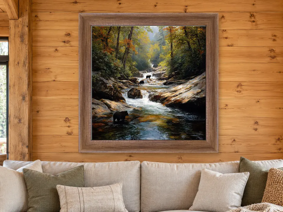 Peaceful Stillness Mountain Landscape Framed Wall Art framed on a wall