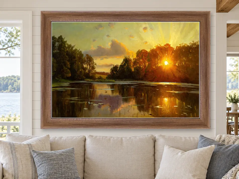 Peaceful Wander Lake Landscape Framed Wall Art framed on a wall