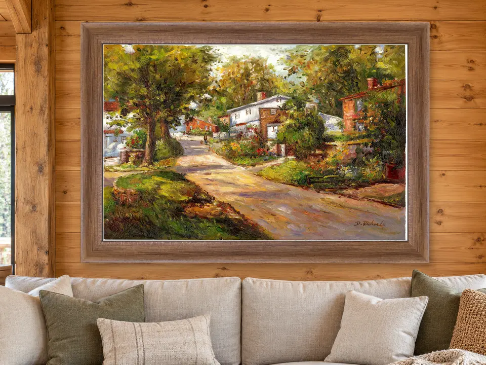 Tender Whisper Village Landscape Framed Wall Art framed on a wall