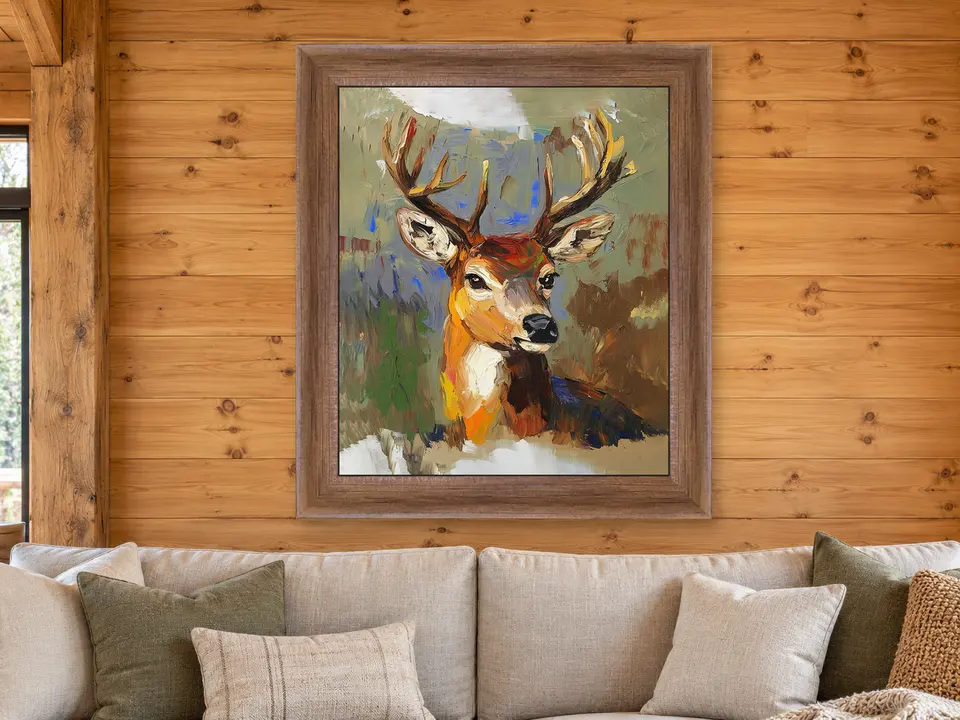 Soft Whisper Colorful Deer Portrait Framed Wall Art framed on a wall