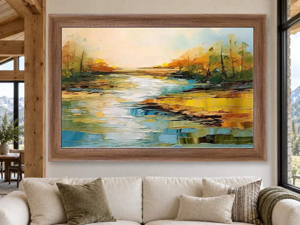 Still Reflection Abstract Landscape Framed Wall Art framed on a wall