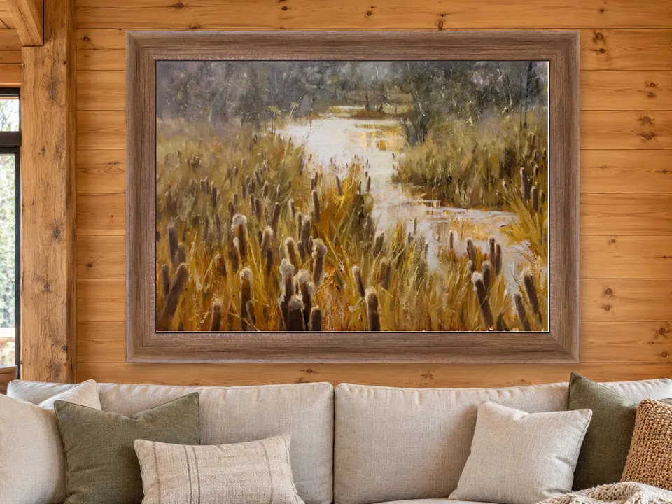 Open Reflection Cattails Framed Wall Art framed on a wall
