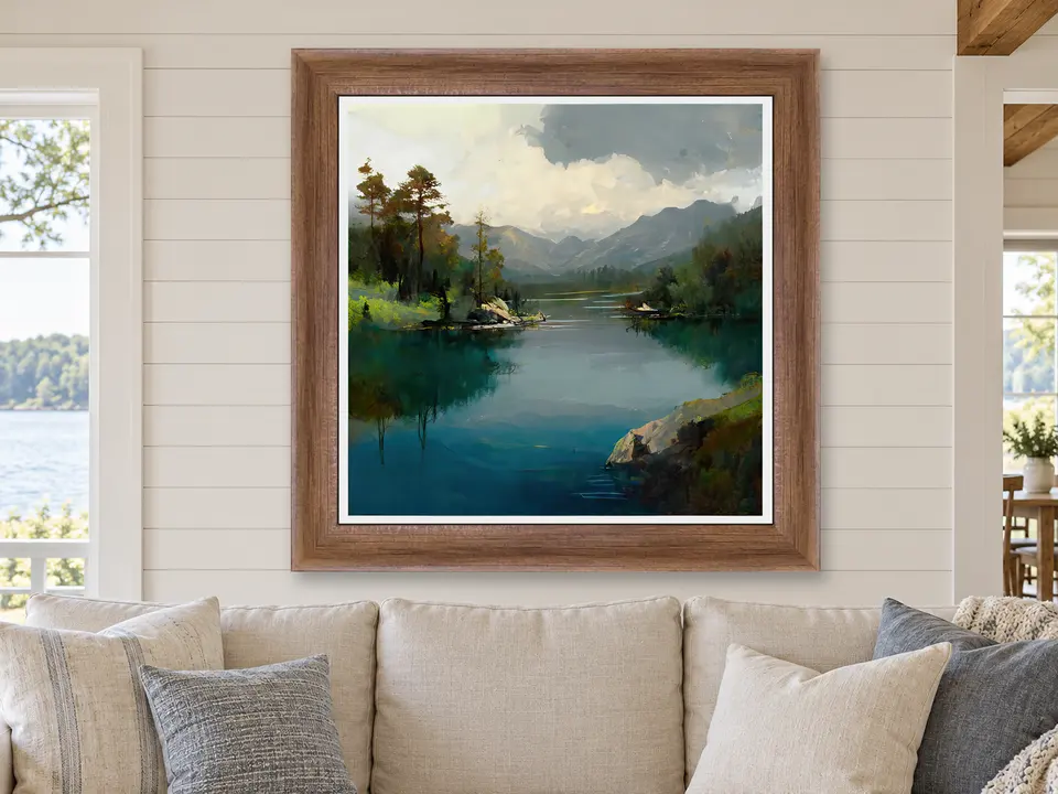 Enduring Harmony Lake Landscape Framed Wall Art framed on a wall