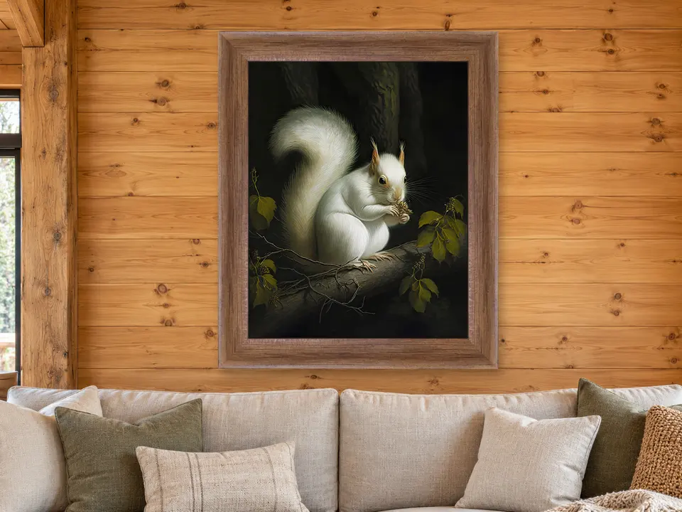 Quiet Awakening White Squirrel Framed Wall Art framed on a wall