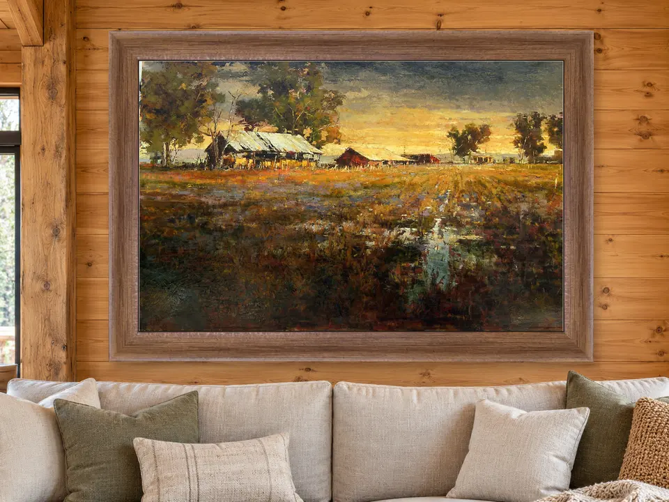 Peaceful Pause Country Barn Framed Wall Art framed on a wall