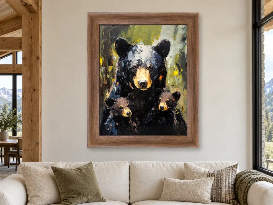 Wistful Elegance Black Bear Framed Wall Art framed on a wall