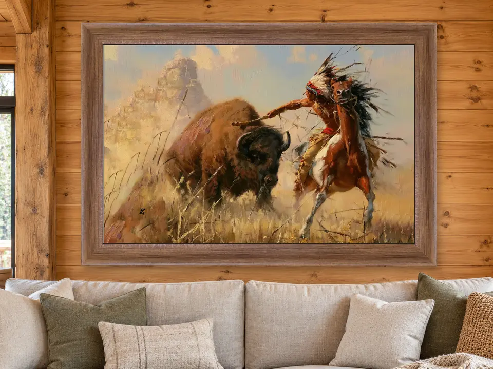 Distant Breeze Bison Companion Portrait Framed Wall Art framed on a wall
