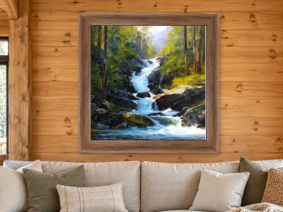 Open Grace Waterfall Framed Wall Art framed on a wall