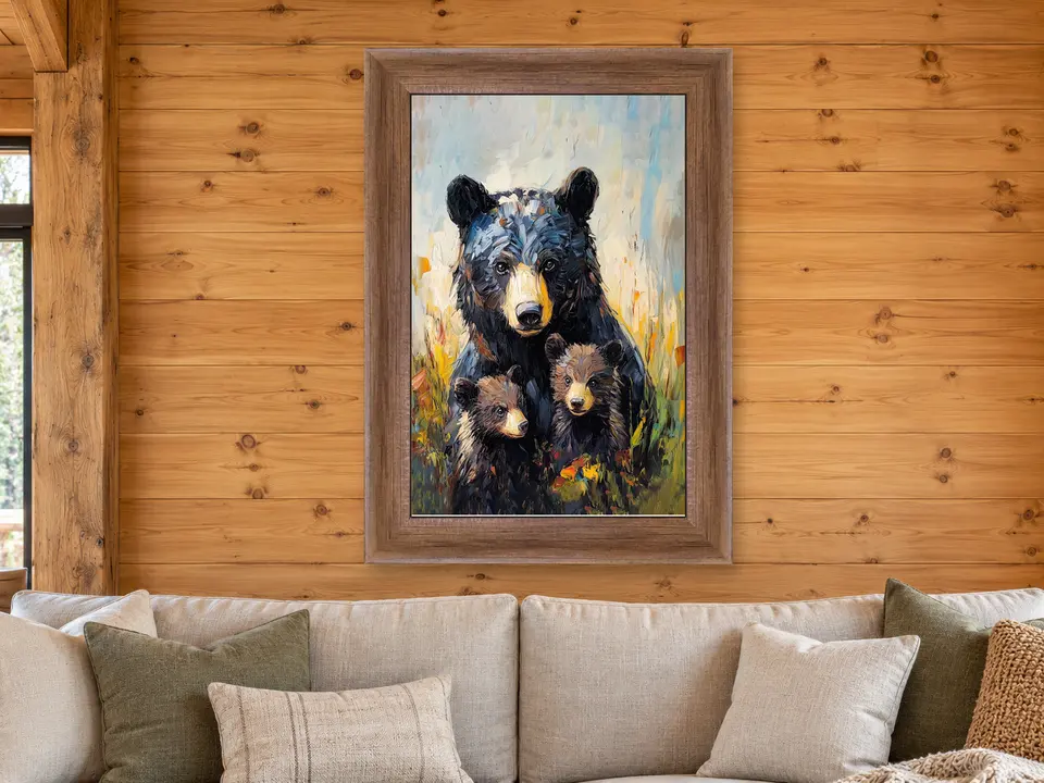 Soft Sanctuary Black Bear Framed Wall Art framed on a wall