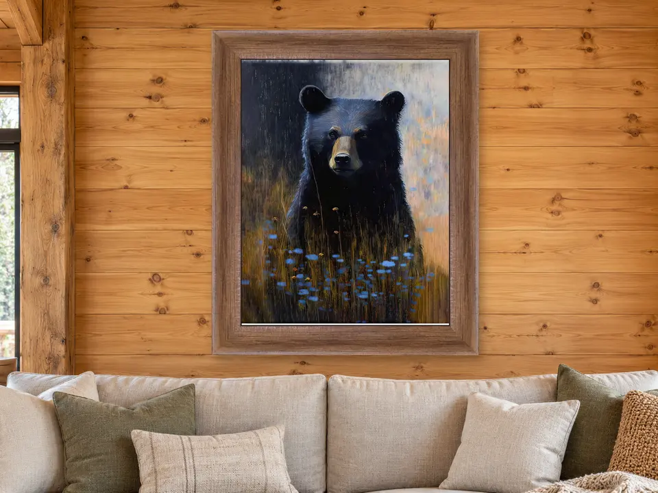 Peaceful Reverie Black Bear Framed Wall Art framed on a wall