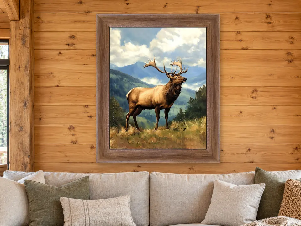 Wistful Pause Elk Framed Wall Art framed on a wall