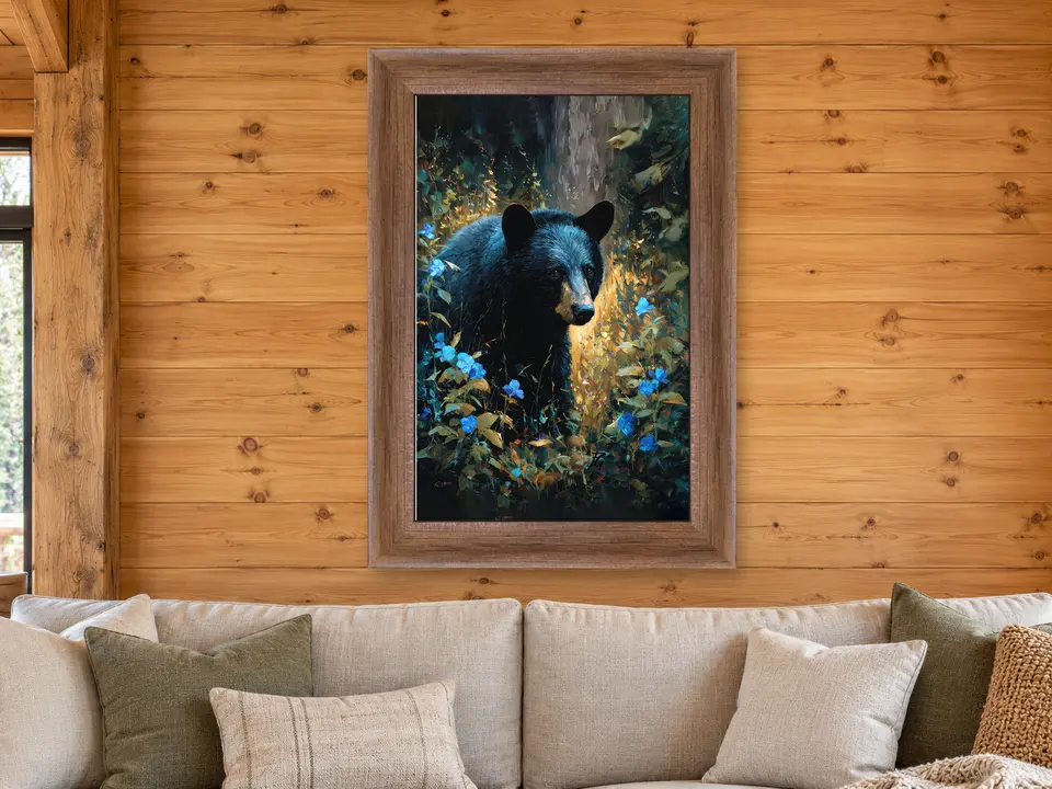Gentle Stillness Black Bear Framed Wall Art framed on a wall