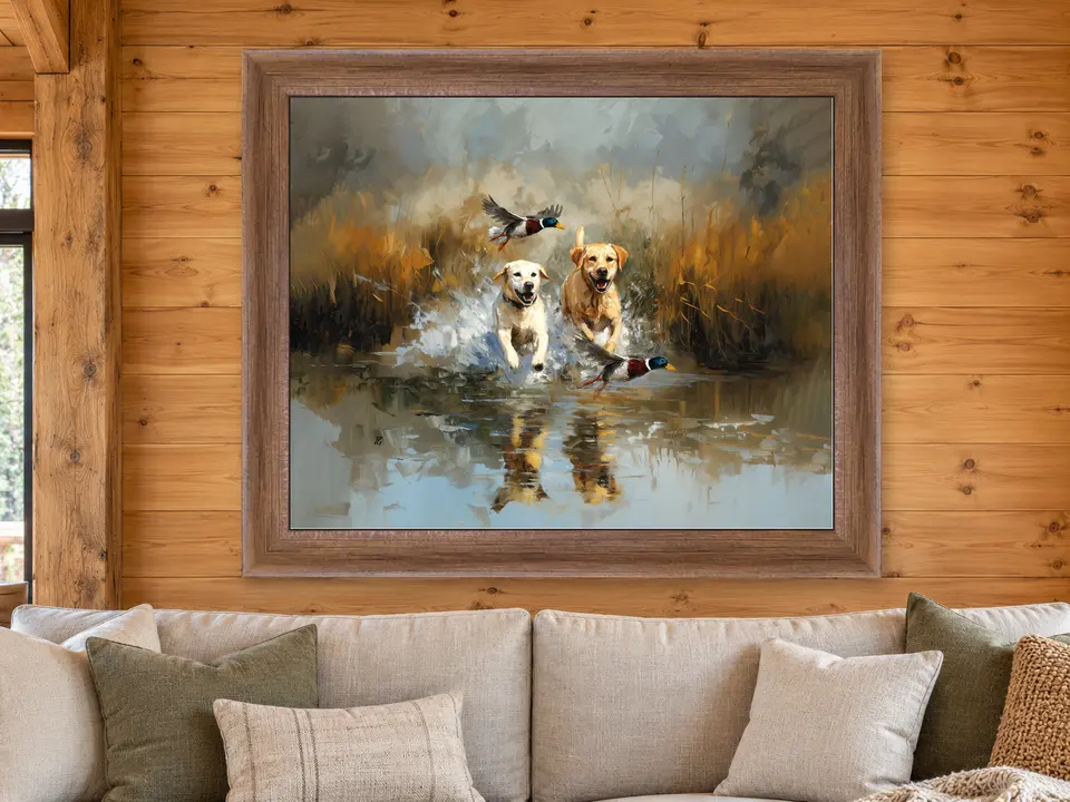 Tender Promise Retrievers in Water Framed Wall Art framed on a wall