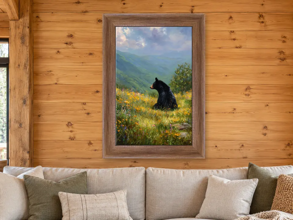 Silent Reflection Black Bear Framed Wall Art framed on a wall