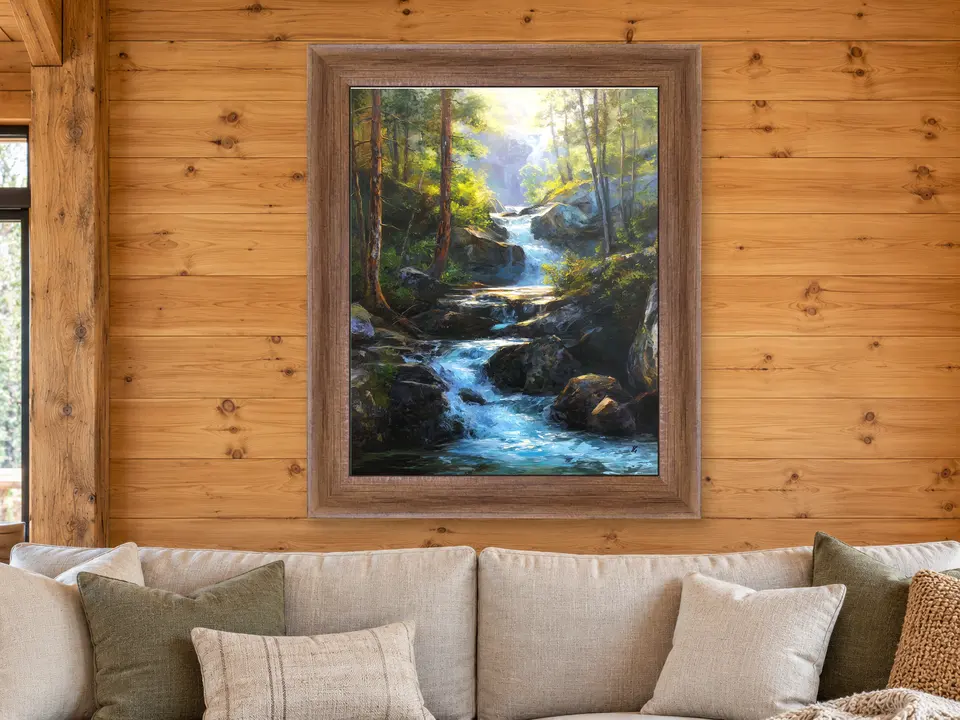 Calm Awakening Waterfall Framed Wall Art framed on a wall