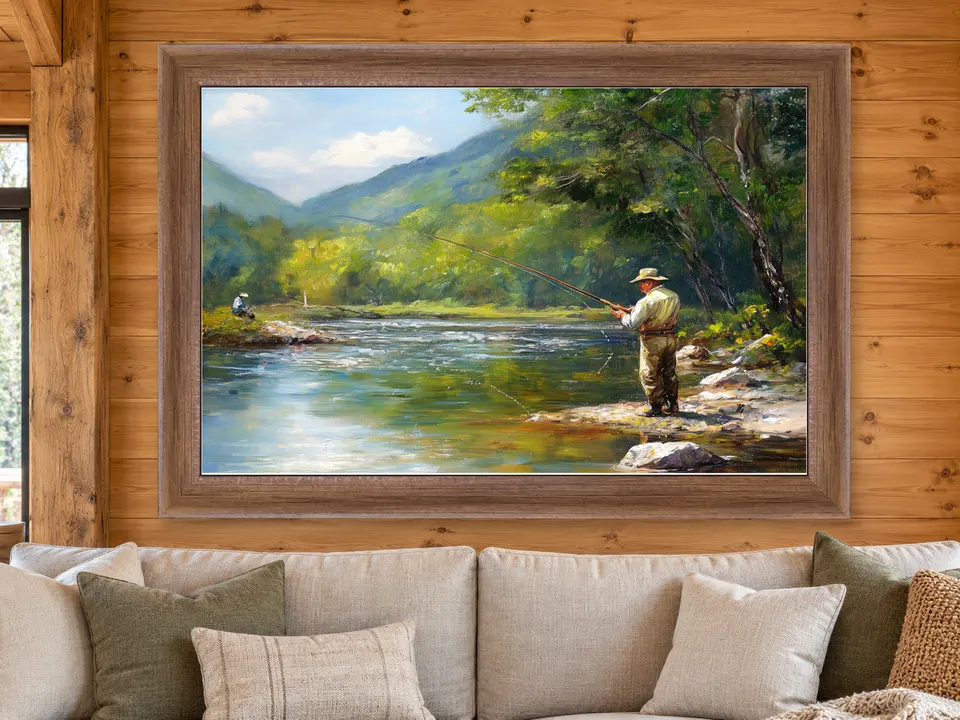 Open Reverie Fishing Scene Framed Wall Art framed on a wall