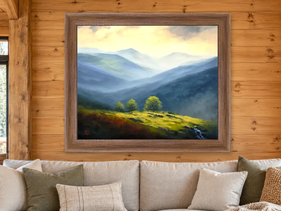Hidden Gathering Mountain Landscape Framed Wall Art framed on a wall
