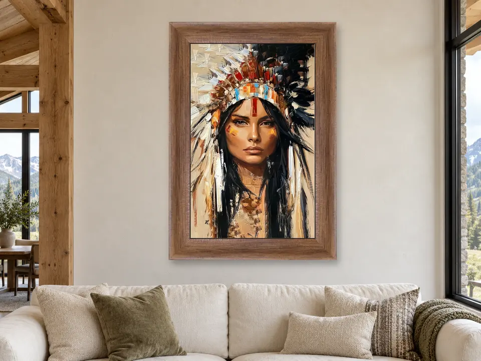 Distant Reflection Feathered Headdress Portrait Framed Wall Art framed on a wall