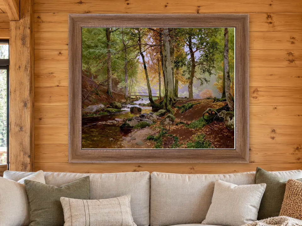 Timeless Passage Woodland Bridge Framed Wall Art framed on a wall
