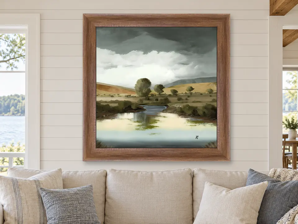 Gentle Essence Meadow Landscape Framed Wall Art framed on a wall