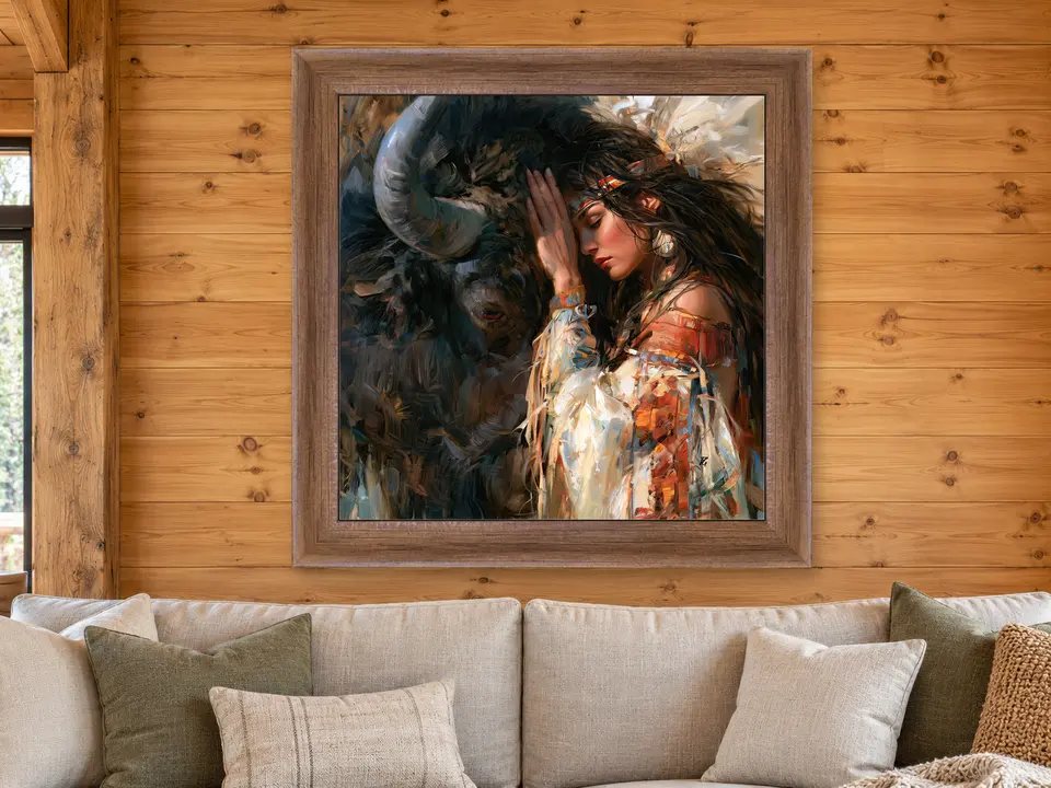 Hidden Harmony Bison Companion Portrait Framed Wall Art framed on a wall
