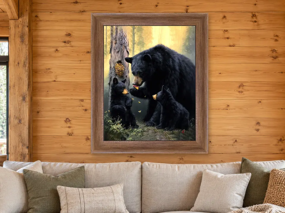 Hidden Wander Black Bear Framed Wall Art framed on a wall
