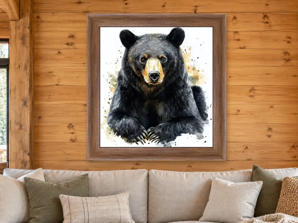 Tender Reflection Black Bear Framed Wall Art framed on a wall