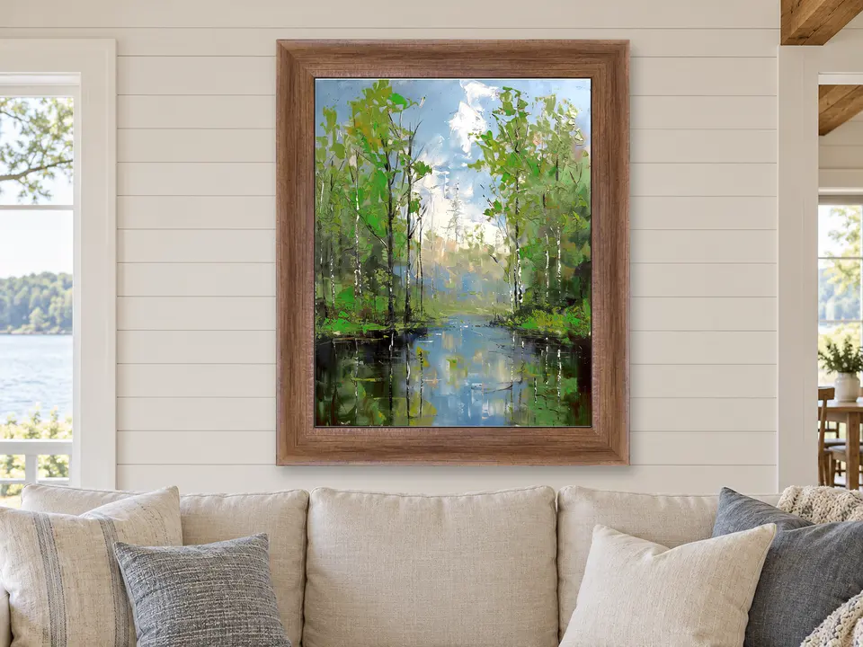 Hidden Muse Pond Landscape Framed Wall Art framed on a wall