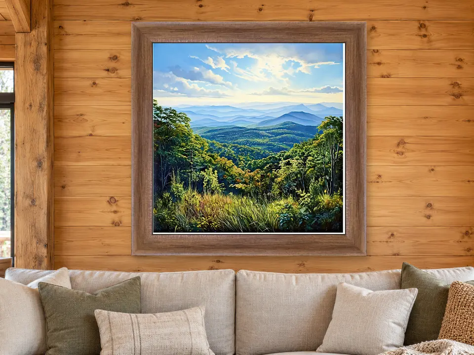 Soft Essence Mountain Landscape Framed Wall Art framed on a wall